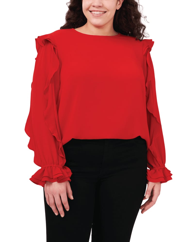 Front of a model wearing a size 1X Eloise Ruffle Sleeve Top in LUMINOUS RED by CeCe. | dia_product_style_image_id:263640